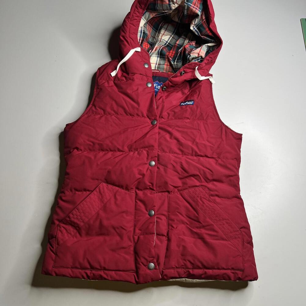 Penfield Vest‎ Mens Medium Red Hooded Down Puffer Plaid Lined Outdoor PF1212W13